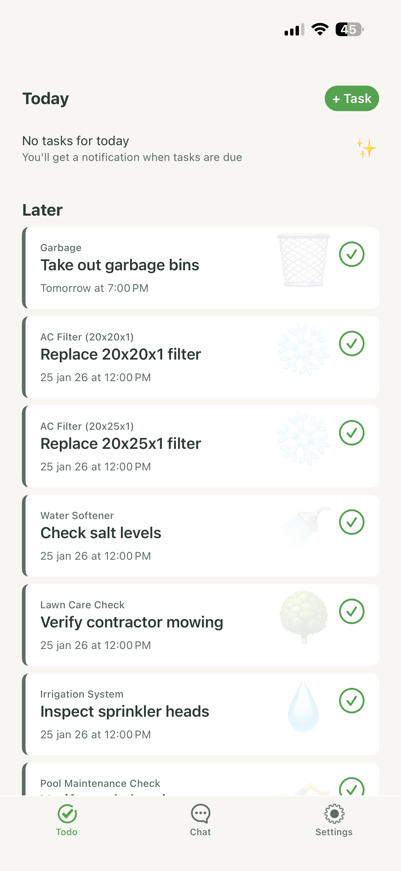 I'm Home app showing today's home maintenance tasks